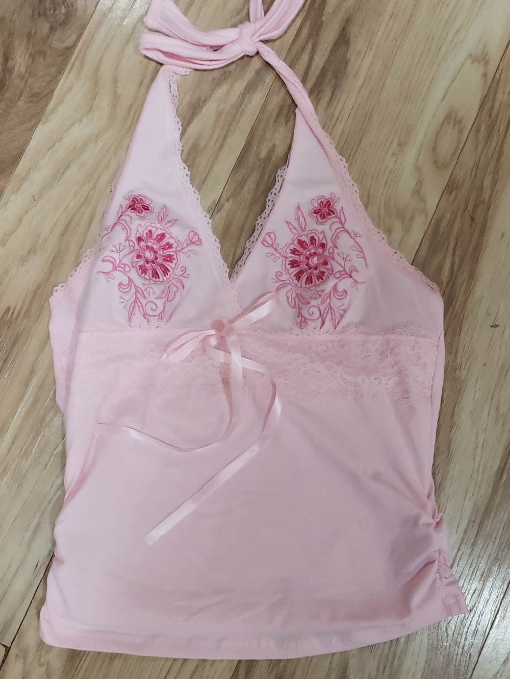 New No Tags Pink Lace Cotton With Stretch Halter Top Large  Pink Bow